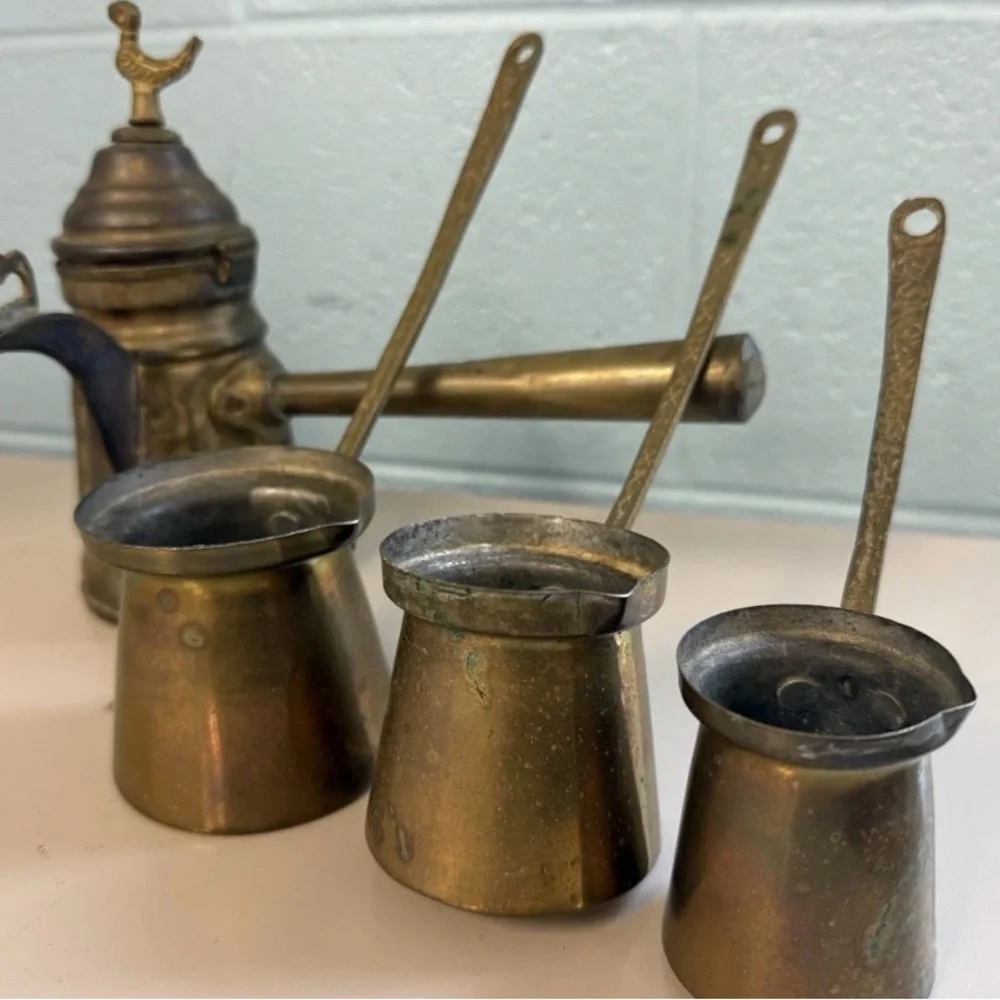 Vintage Engraved Brass Turkish Dallah Handle Coffee‎ Pot With 3 Pour Cups